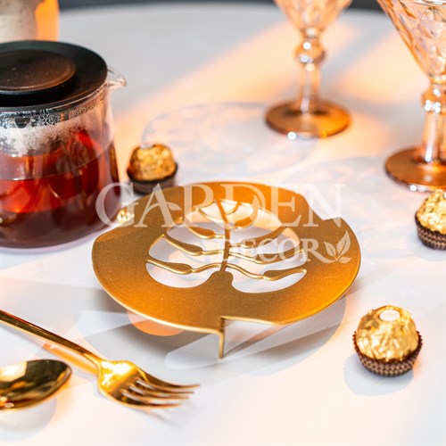 Подставка под горячее Монстера металл золотая 16см 300-132G - фото 88329